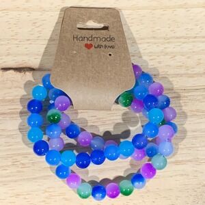 Handmade Beaded Stretch Bracelet Women 3PC Blue Purple Green Boho Beachy Stack